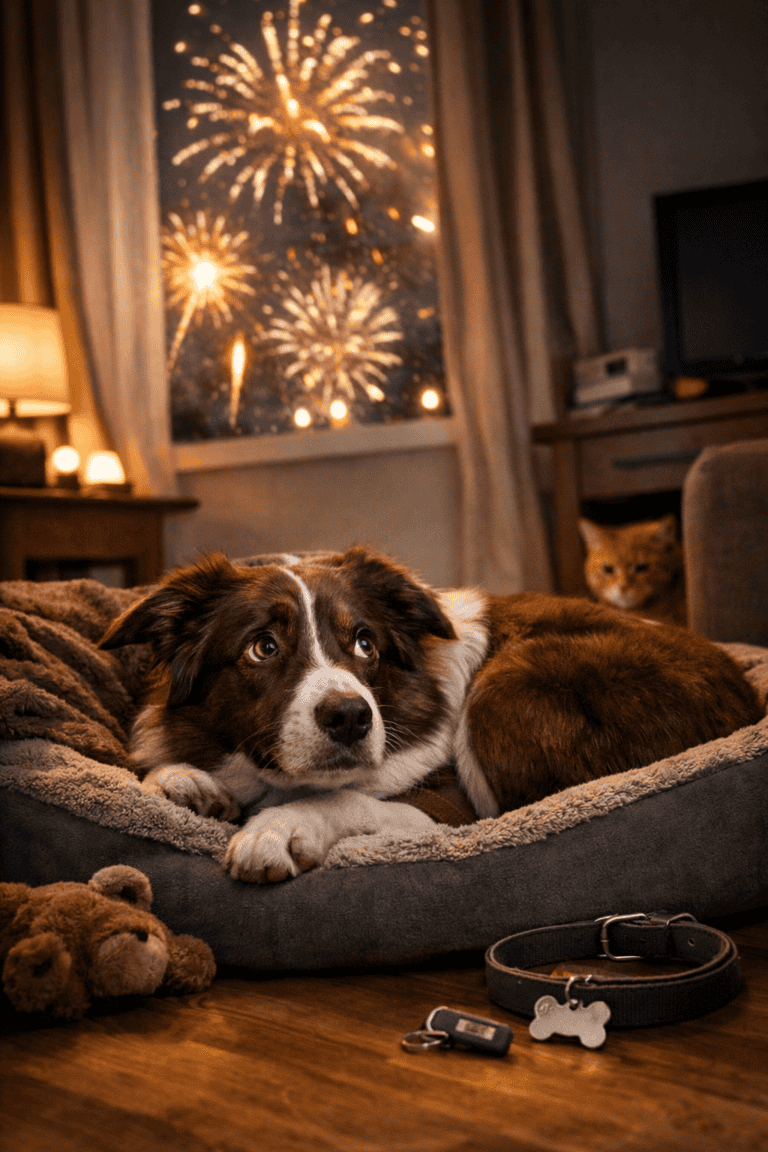 Lassan újév, tűzijáték az ablakban és békés kutyus a kanapén.