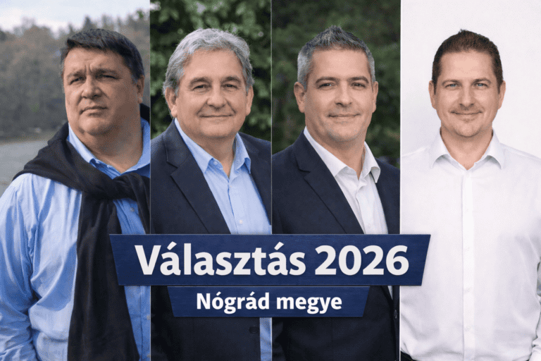 Ansóban négy politikus portréja, háttérben természet, az alján felirat: "Választás 2026 Nógrád megye".