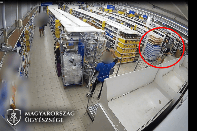 Feketében és fehérben öltözött személy a boltban, elfordulva, a kijelző körben pirossal megjelölve.