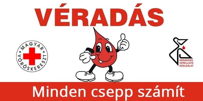 Véradás figyelmeztető plakát és véradófigura, ami felhívja a figyelmet a véradások fontosságára.