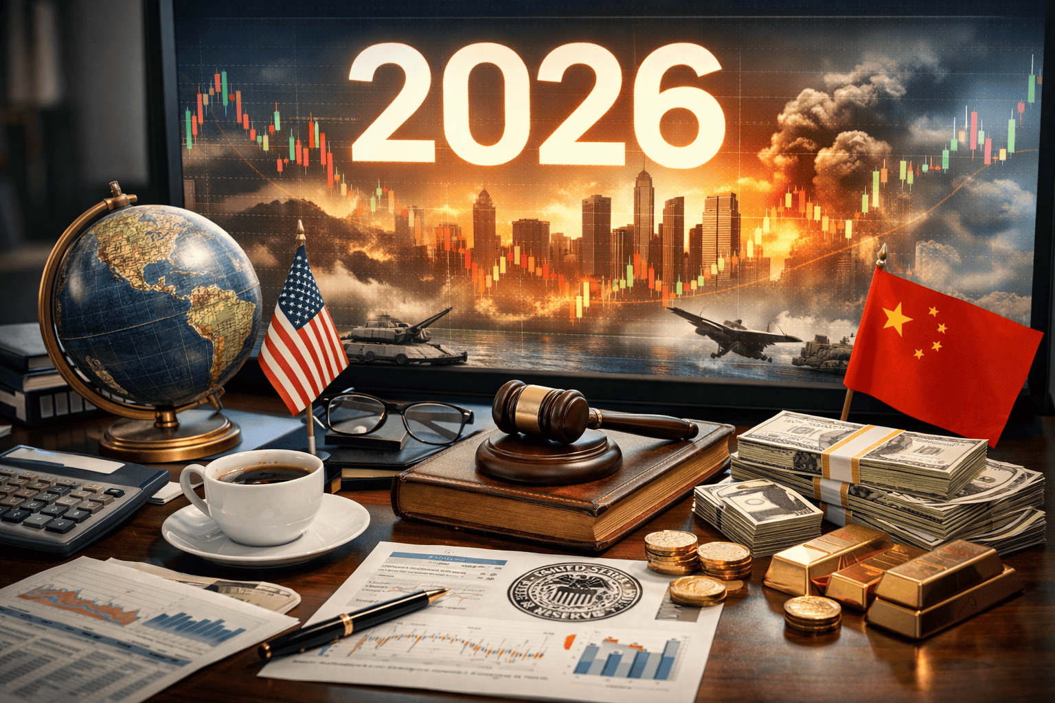 Globális gazdasági és politikai feszültségek 2026-ban, pénzügyi piacok volatilitása és katonai helyzetek képe.