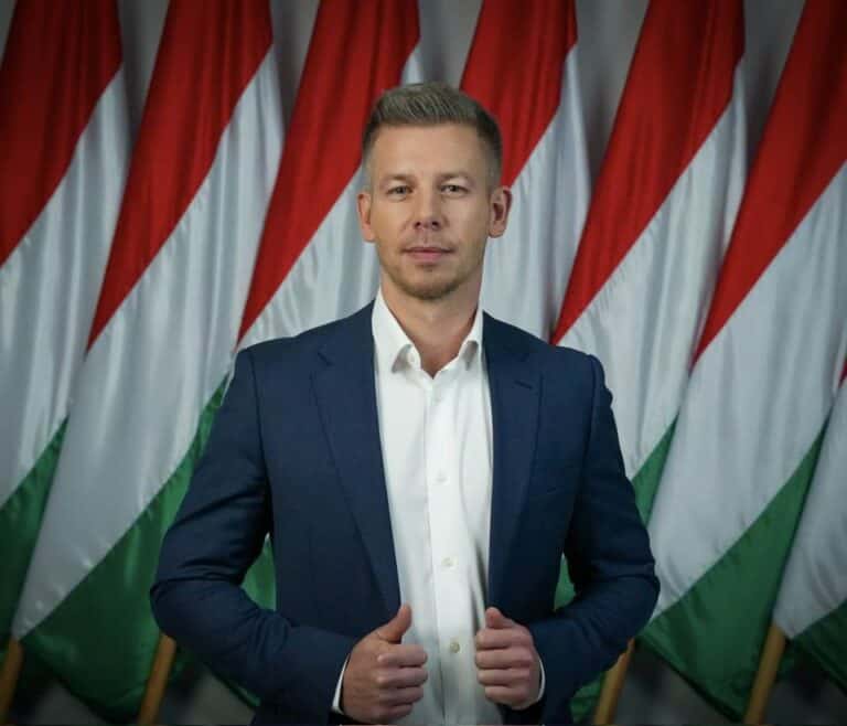 Magyar politikus portréja, magyar zászlóknál háttérrel, hivatalos megjelenés, üzleti öltözet, professzionális fényképen.