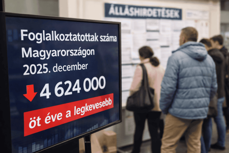 Alsó szöveg: Magyarországon 2025 decemberében 4,624 millió foglalkoztatott van.