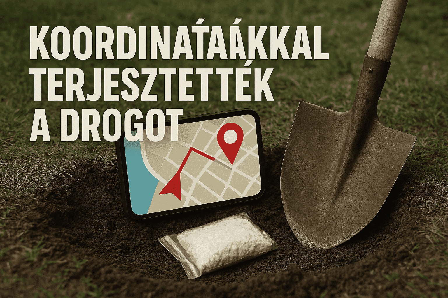 Telefon GPS térkép, föld, ásó és drog a földben, figyelemfelkeltő tartalom drog ügyben.