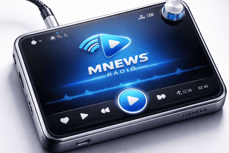 Jelképes telefon, rajta MNews Rádió logo, online hír- és médiaportál megjelenése.