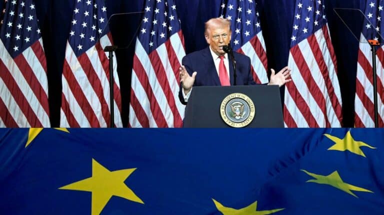 Amerikai és európai zászlók, Trump beszéd közben, politikai esemény.