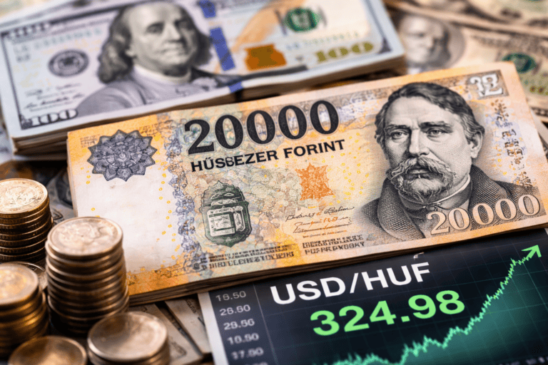 100 dolláros bankjegy, 20000 magyar forint bankjegy és dollárpénz érmetárak a pénz világa jegyében.