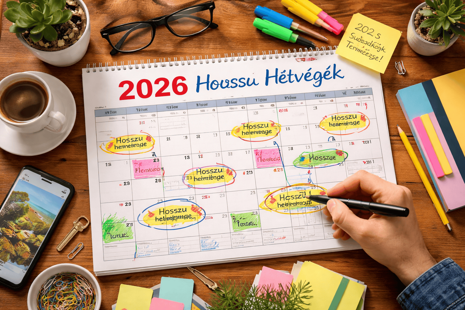 Hosszú hétvégék bejegyzésekkel és színes kiemelésekkel a 2026-os naptárban.