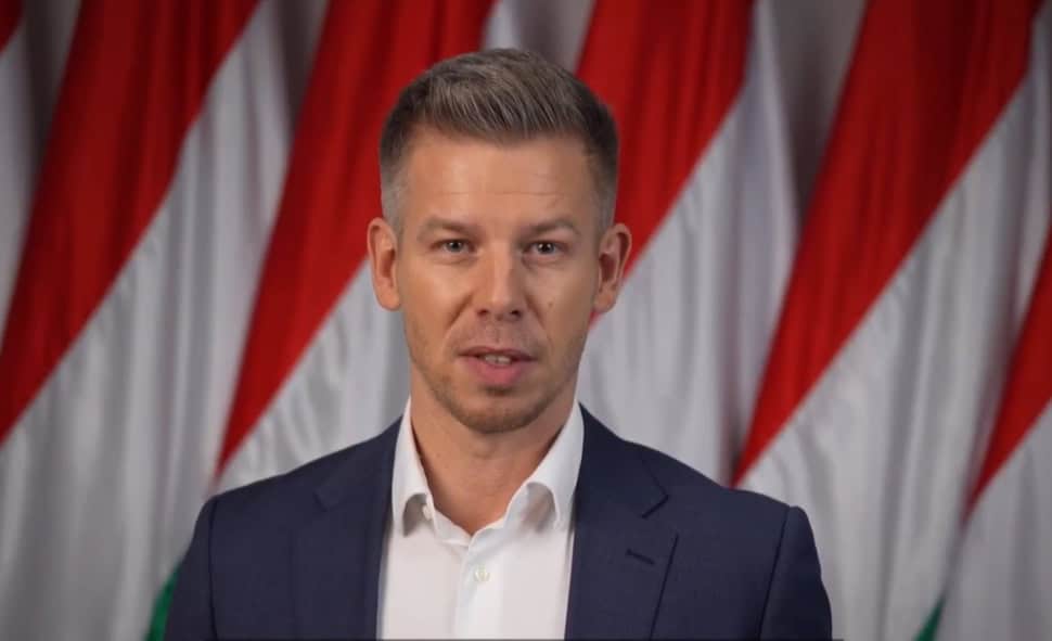 Magyar politikus beszélvány a háttérben nemzeti zászlókkal MagyarNewsOnline híroldal számára.