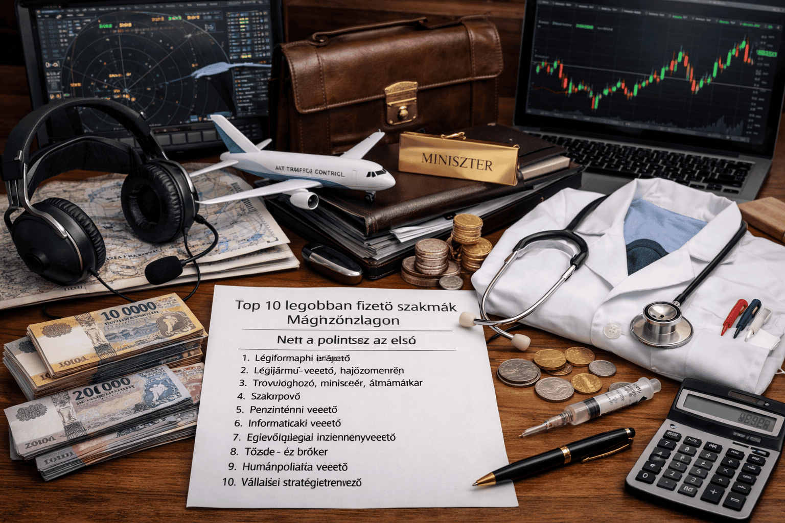 Személyes pénzügyi, utazási és üzleti eszközök egy gazdag irodai asztalon, háttérben pénz, hardverek és papírok.