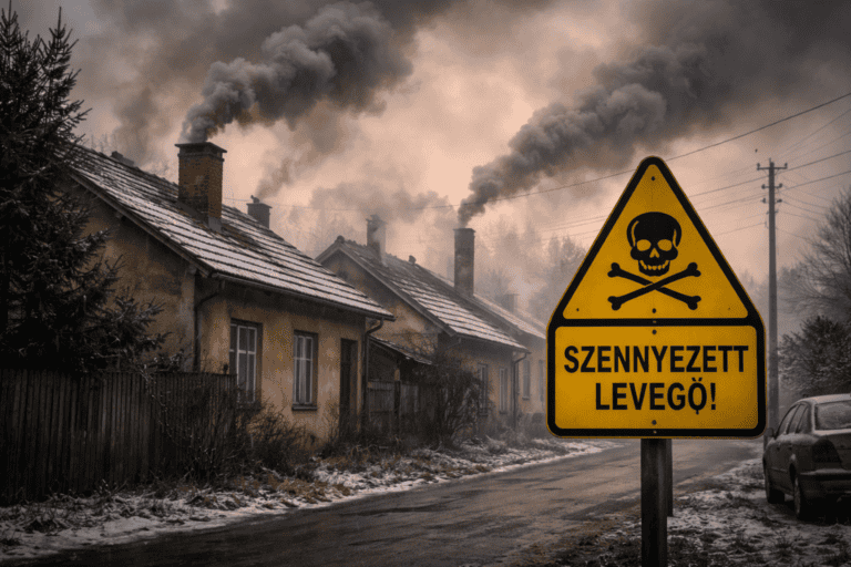 Szeméttel szennyezett levegő, trafik kémények füstje, házak és autó a mérgező légkörben.