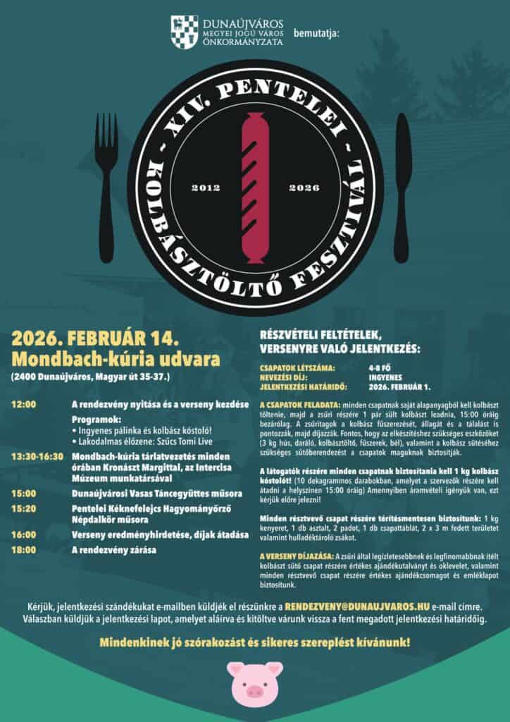 XIV. Pentelei Kolbásztöltő Fesztivál Dunaújvárosban, ingyenes kolbászkóstoló és közéleti esemény.