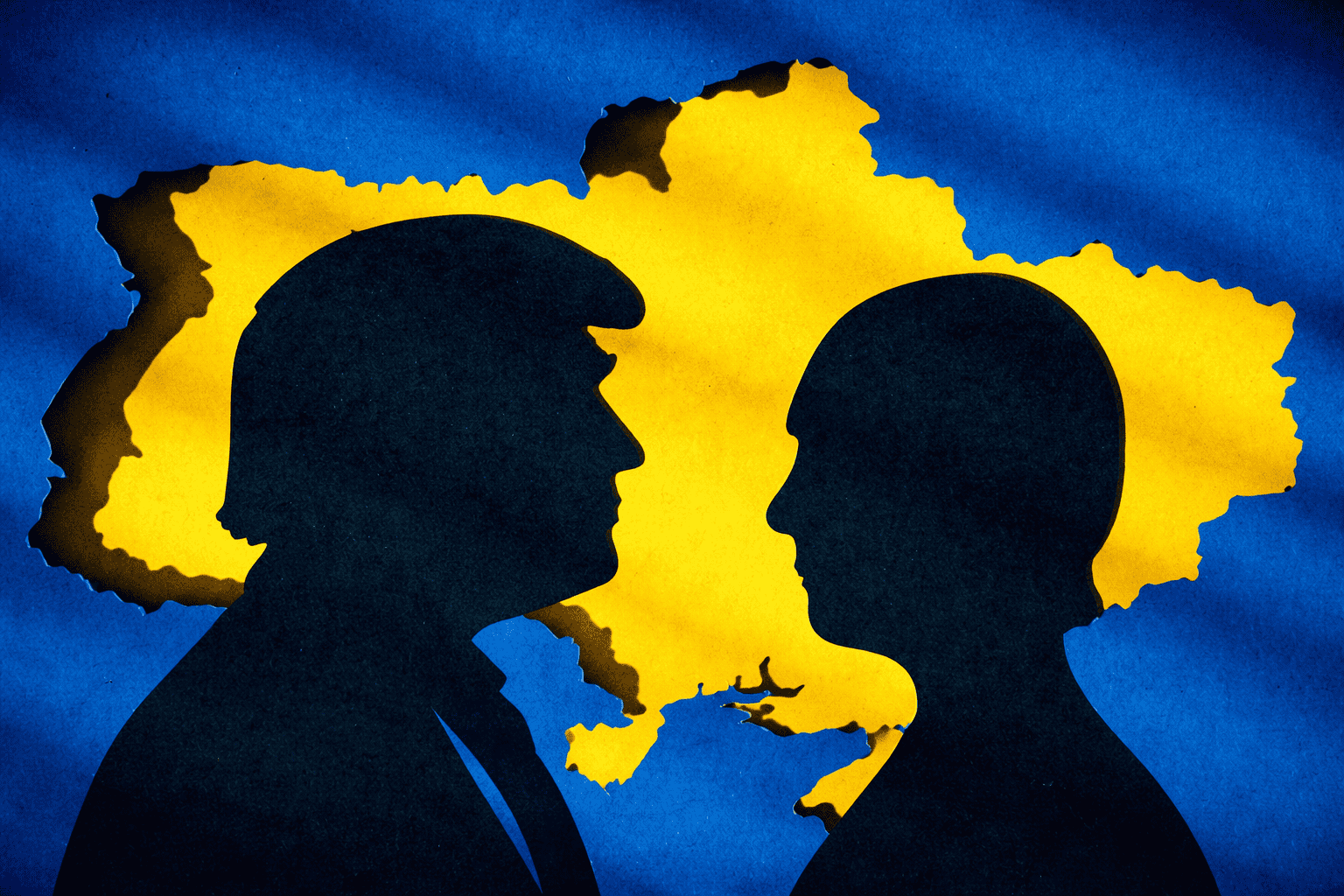 Árnyékban Donald Trump és egy női alak sziluettje Ukrajna térképével a háttérben.