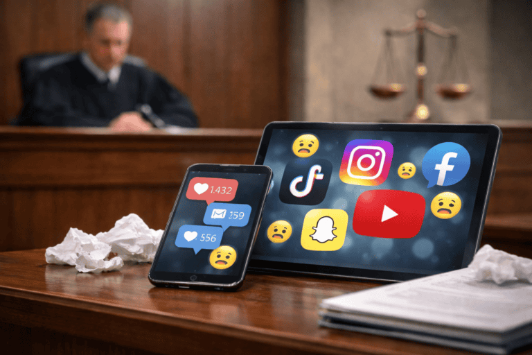 Bírósági tárgyalás a közösségi média hatásairól és depresszióról, két okostelefon és a platformok lo.