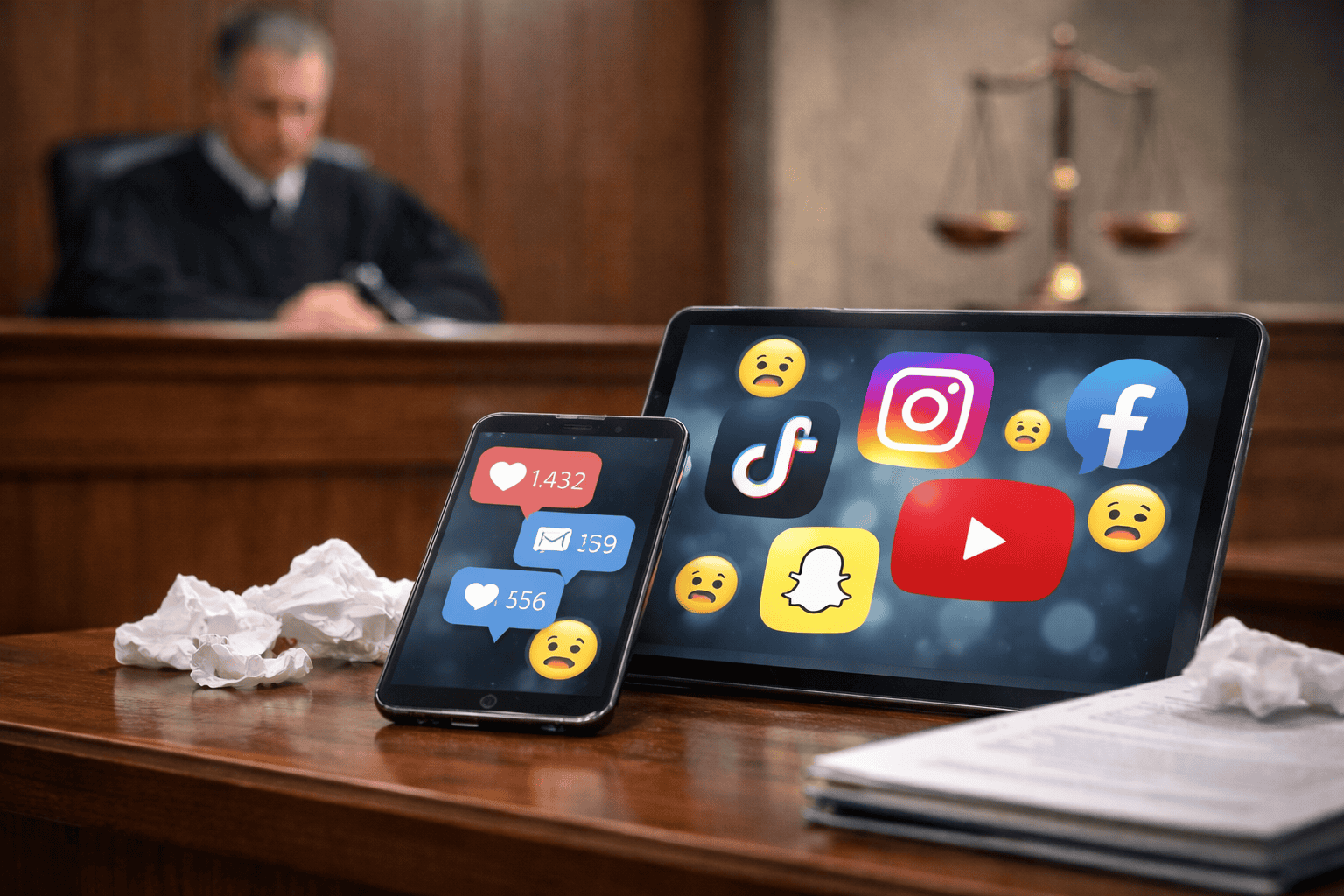 Bírósági tárgyalás a közösségi média hatásairól és depresszióról, két okostelefon és a platformok lo.