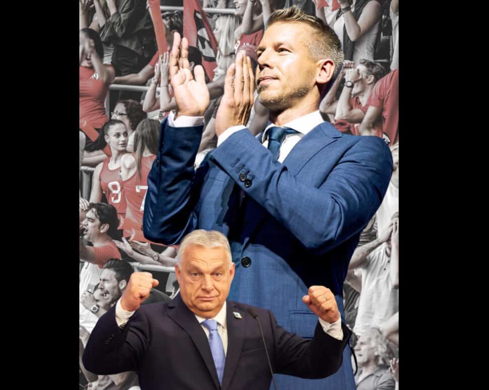 Orbán Viktor és Radnai Márk a politikai rendezvényen, háttérben sportolók és szurkolók.