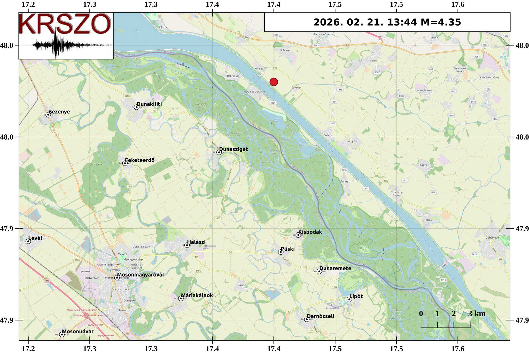 4,3-es földrengés Magyarország és Szlovákia határánál.