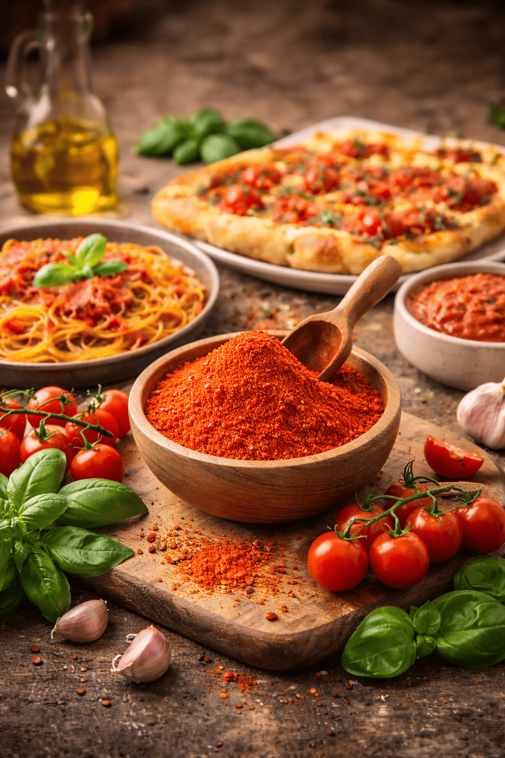 Magyar nyelvű kép a paradicsom alapú fűszerkeverékről, friss pizza, tészta és szósz mellett.