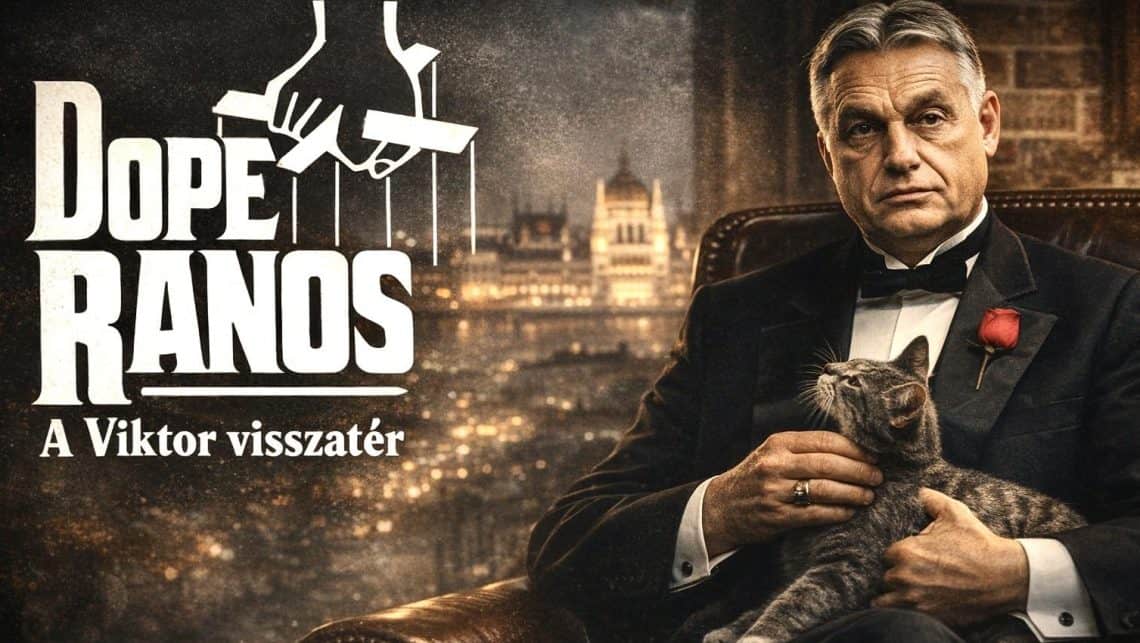 Viktor a filmben elegáns öltönyben, macskával ül egy székben, háttérben városi látkép.