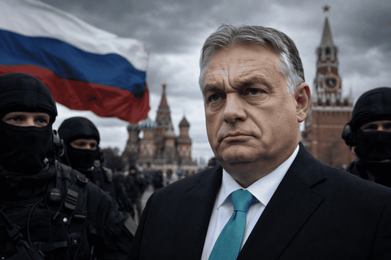 Politikus és biztonsági személyek Moszkvában, háttérben a Kreml.