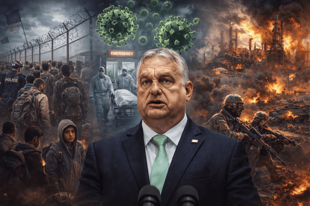 Politikus beszéd közben, háttérben válság és káosz képei.