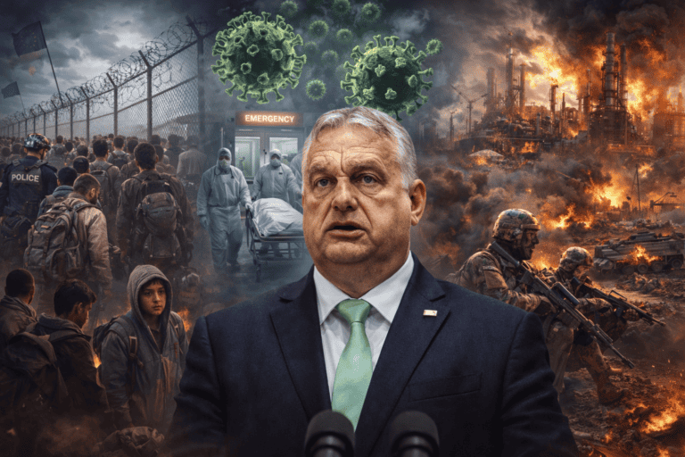 Politikus beszéd közben, háttérben válság és káosz képei.