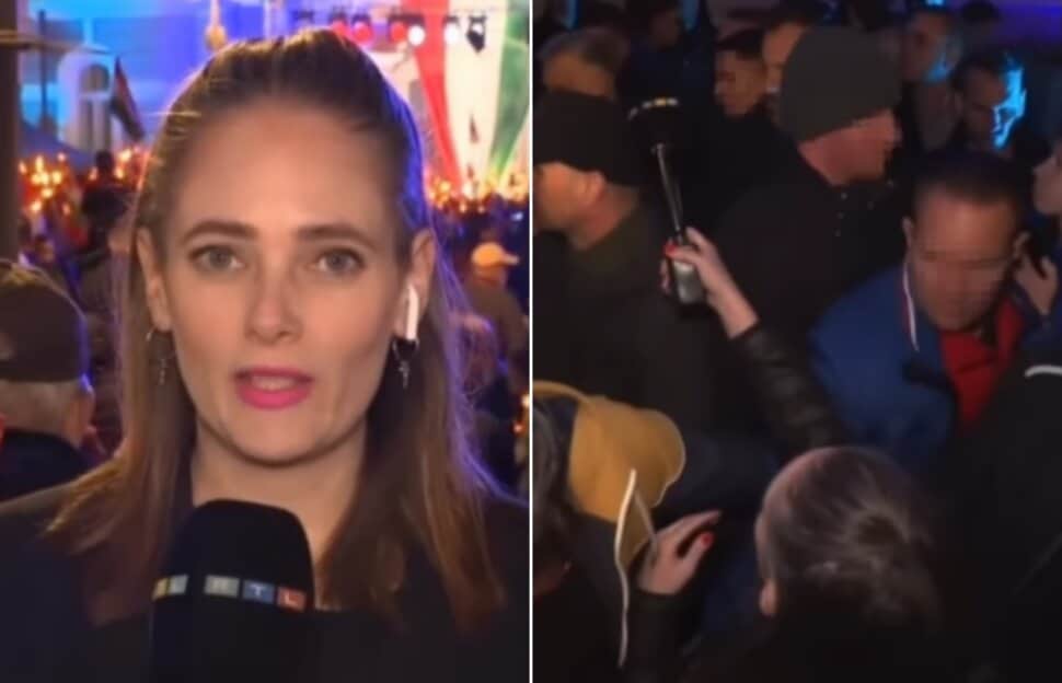 Riporter az RTL-től próbál kérdést feltenni Orbánhoz, de a TEK-esek nem engedik oda.