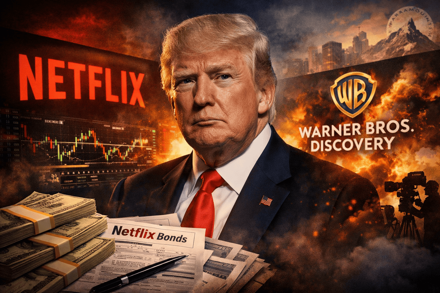 Egy kép Donald Trumpról, aki a streamingiparban való részvételéről és a médiapiac kihívásairól szól.