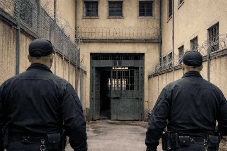 Két őr áll az elítélt gyermekotthon előtt, magas kerítés és börtönkapu látható.