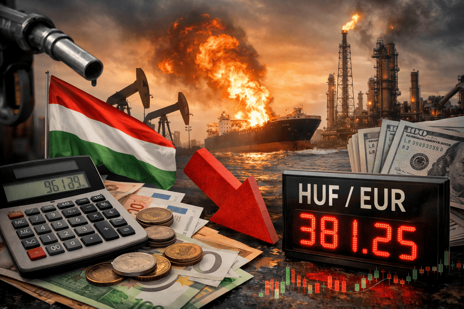 Olajfúró torony és olajszivattyúk az olajiparban, pénzügyi adatokkal és árfolyamjelzővel.