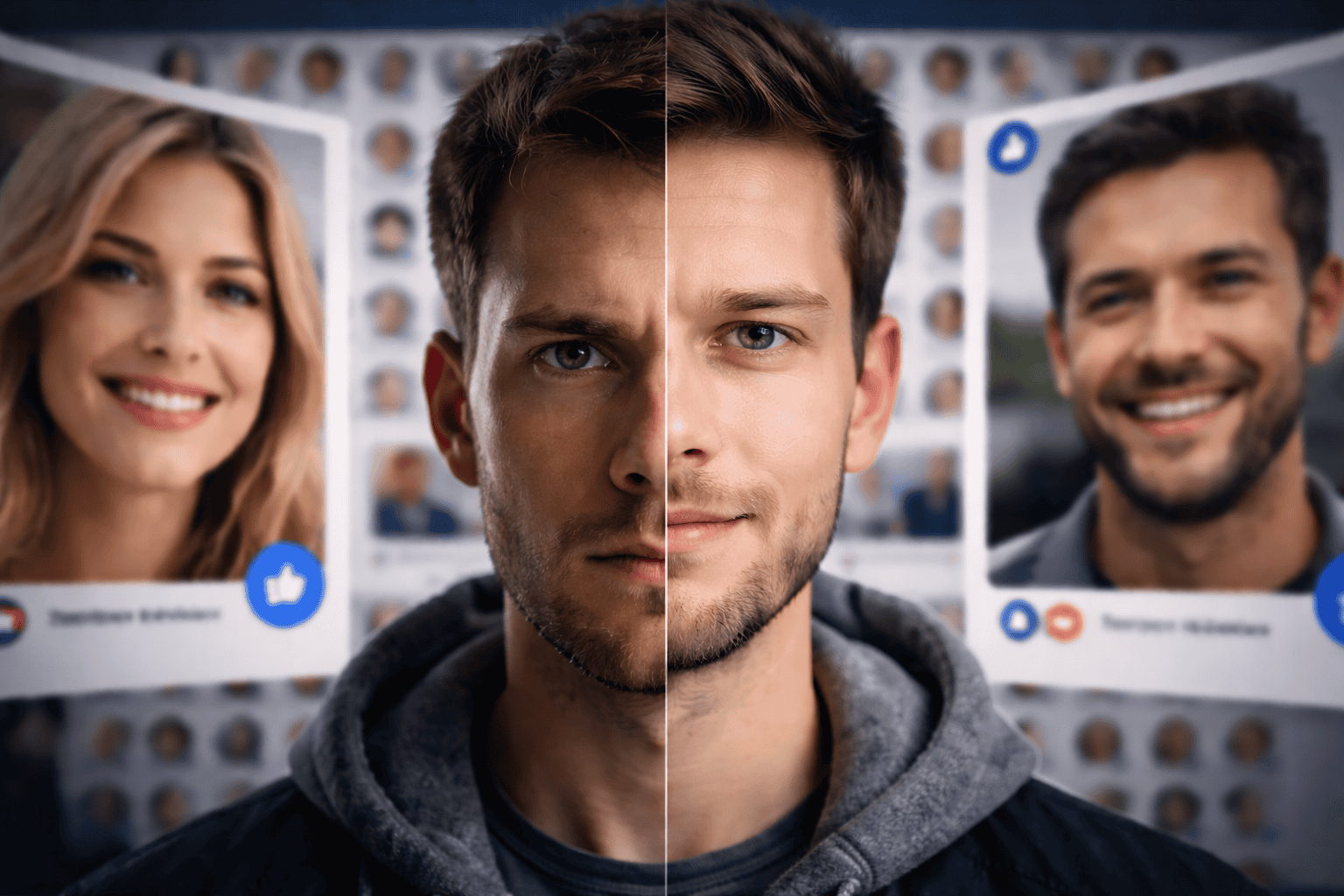 Egy férfi szembenéz a kamerával, mögötte több száz profilkép a trollhadseregből.