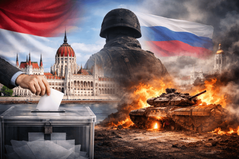 Az image egy katonát, tüzet és orosz zászlót ábrázol, a háttérben Budapest ikonikus épületeivel.