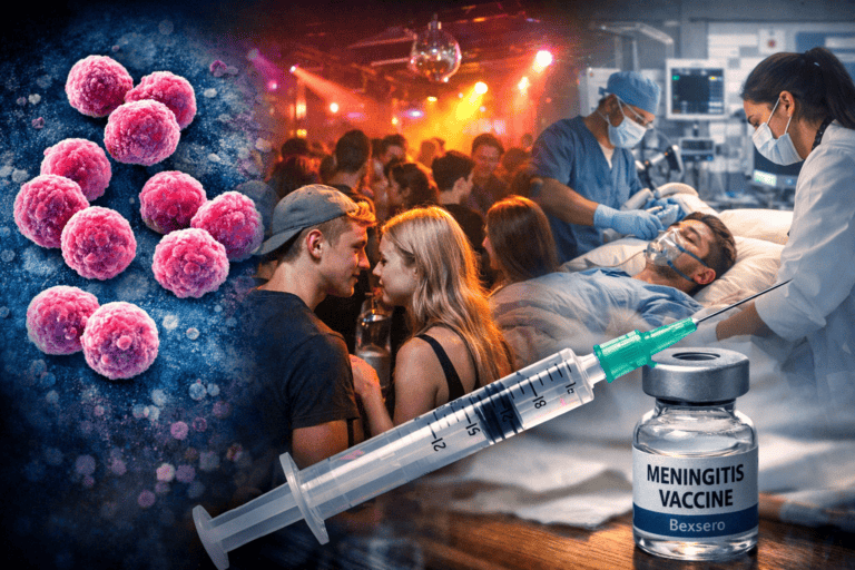 Az ábrán fiatalok buliznak, miközben orvosok kezelnek egy betegeket egy klinikán.