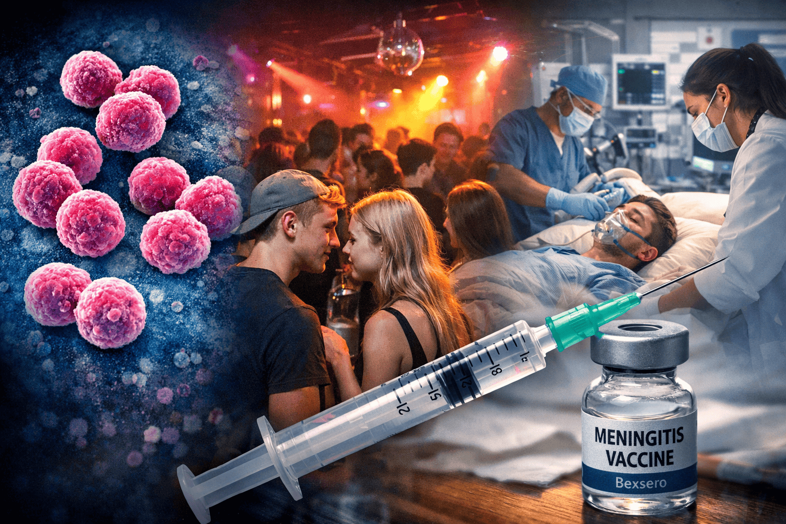 Az ábrán fiatalok buliznak, miközben orvosok kezelnek egy betegeket egy klinikán.