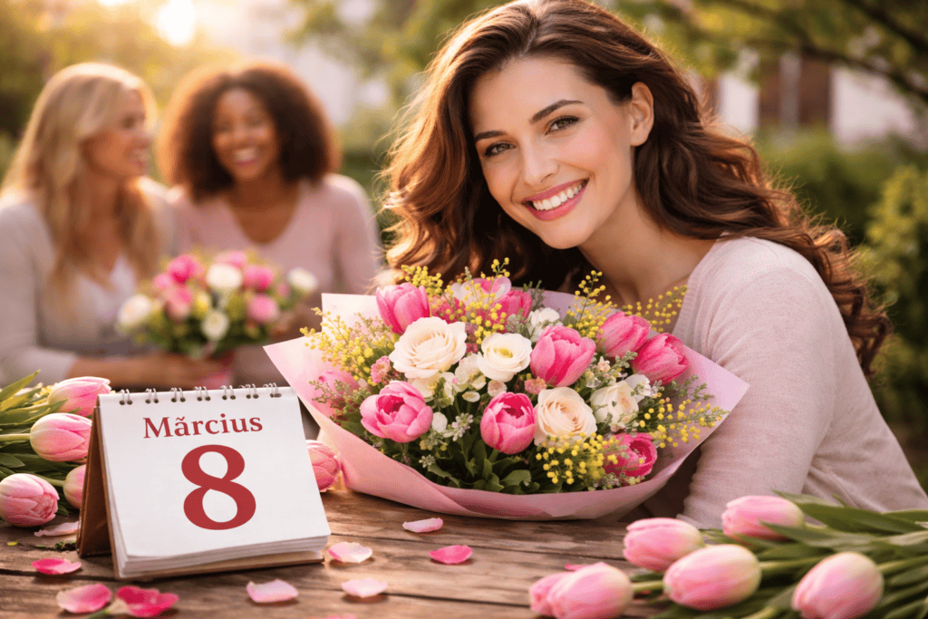 Nőnapi virágcsokor és nők ünneplése a természetes környezetben.