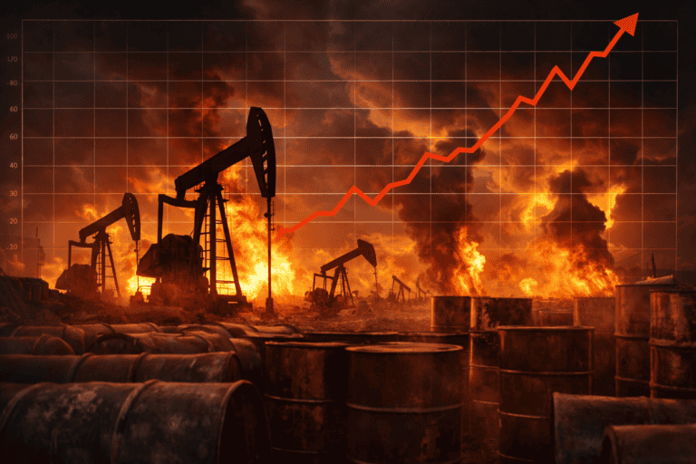 Olajárak emelkedése, olajkutak és tartályok a háttérben, grafikon mutatja az árak növekedését.
