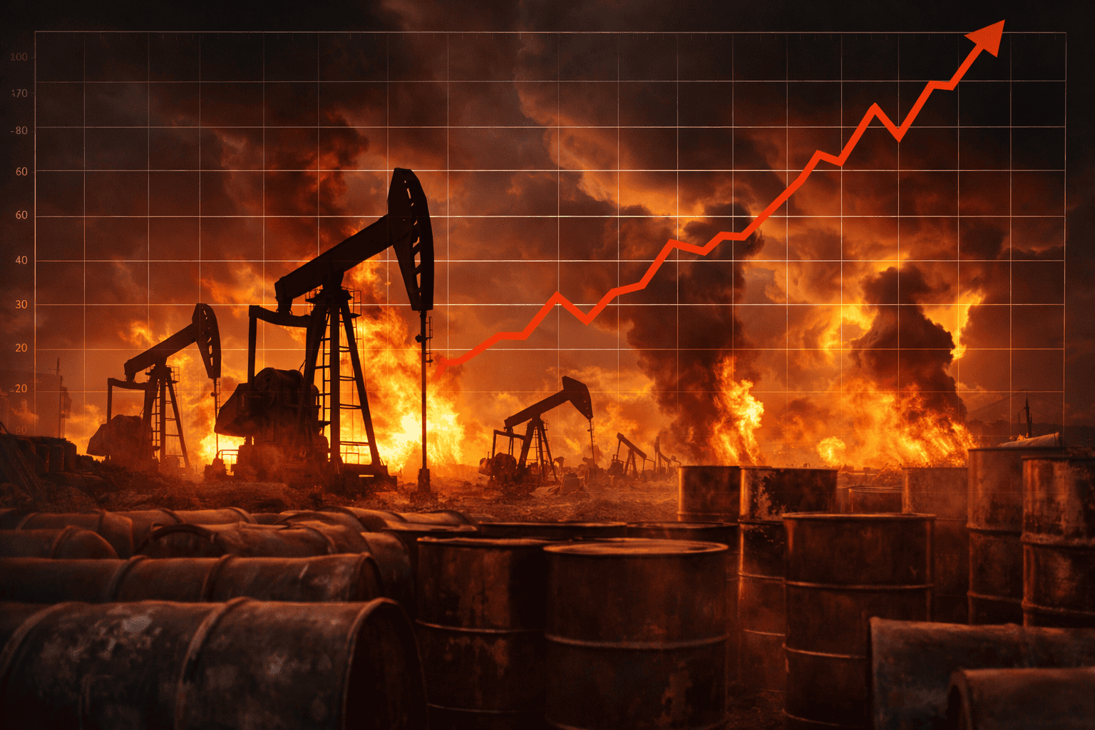 Olajárak emelkedése, olajkutak és tartályok a háttérben, grafikon mutatja az árak növekedését.