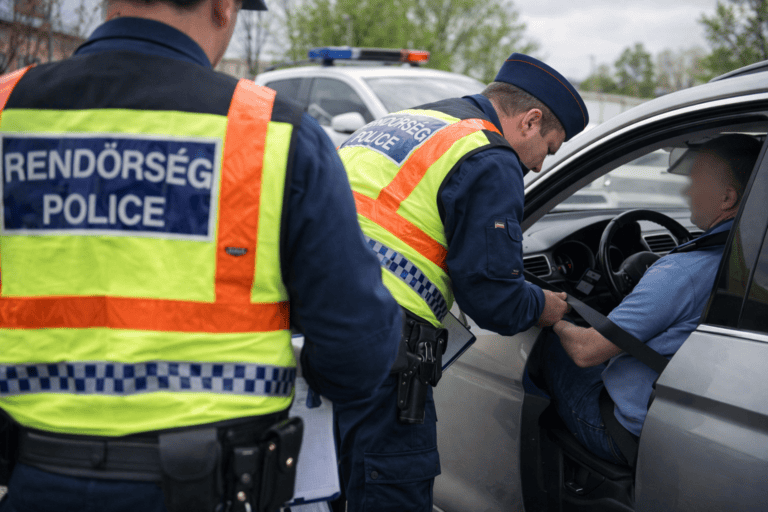 Rendőrségi ellenőrzés során a biztonsági öv használatát vizsgálják a sofőröknél.