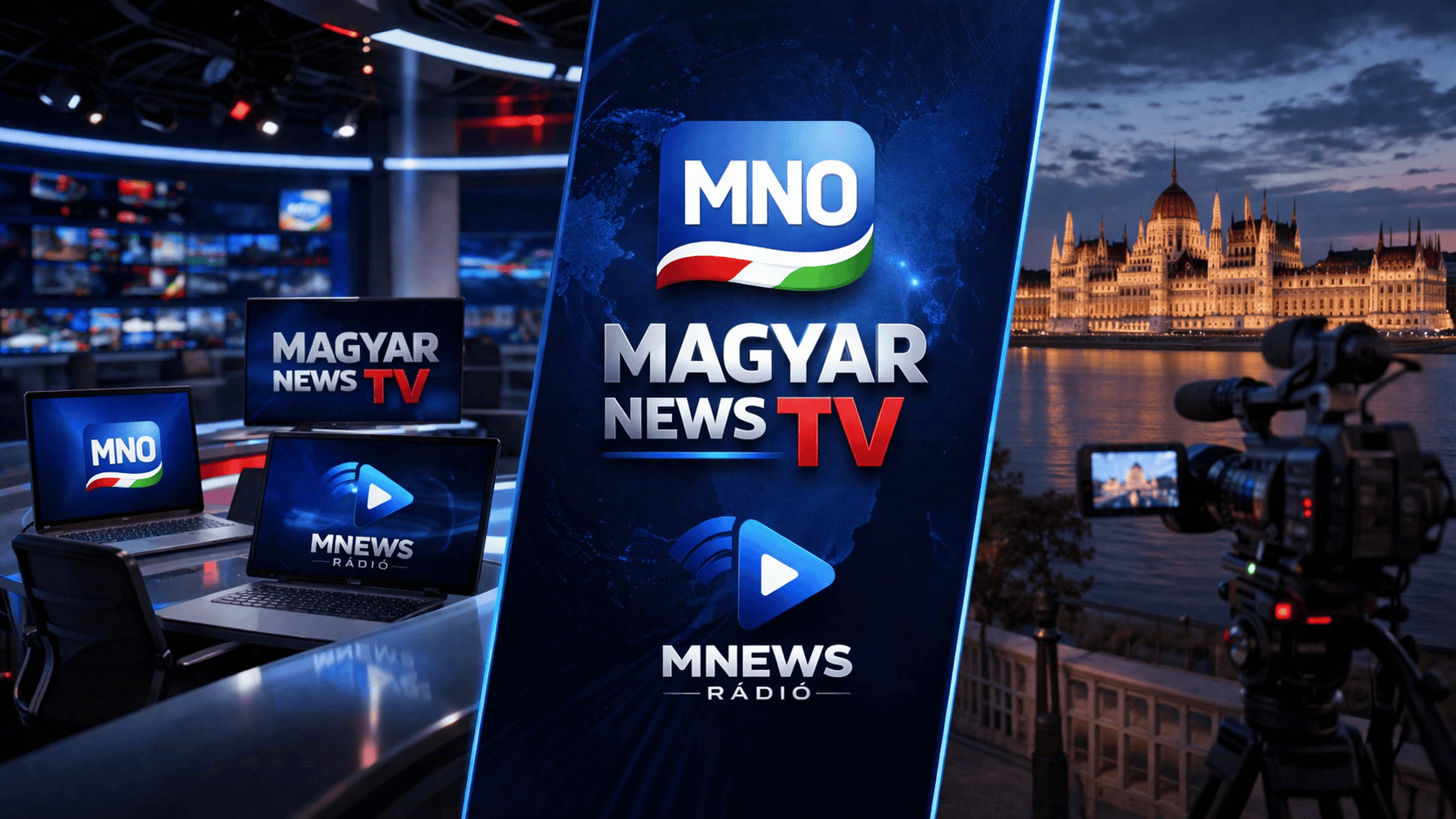 Magyar News TV és MNEWS Rádió stúdiókép, a háttérben Budapest látképe.