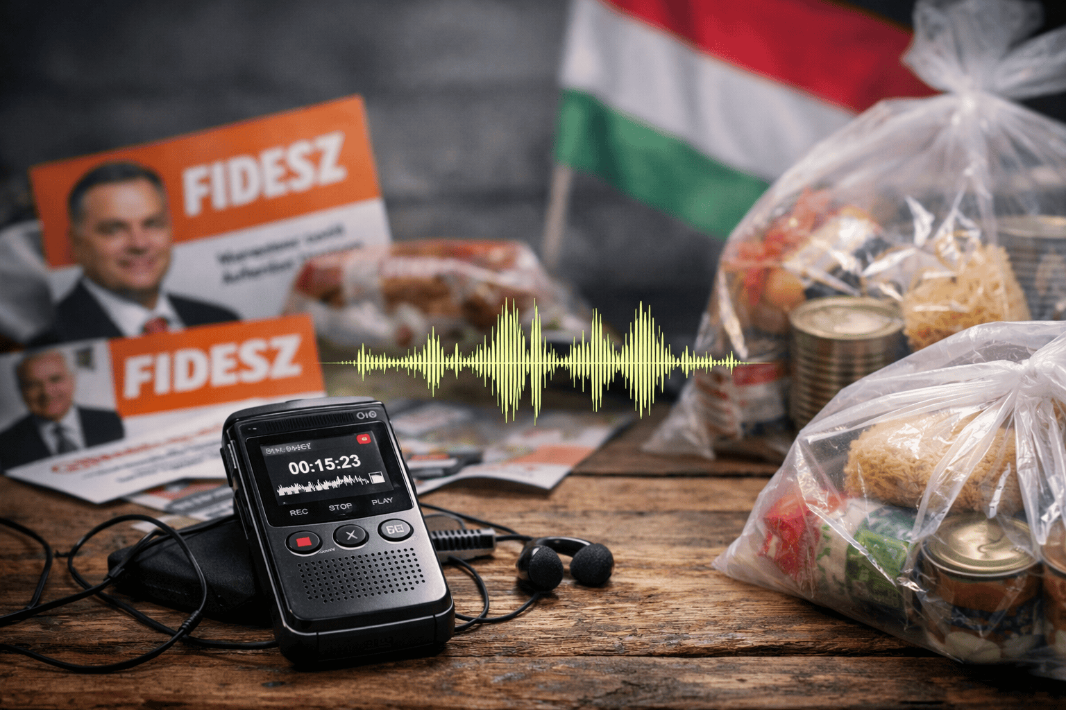 Kampányeszközök és hangfelvétel a Fidesz politikai eseményen.