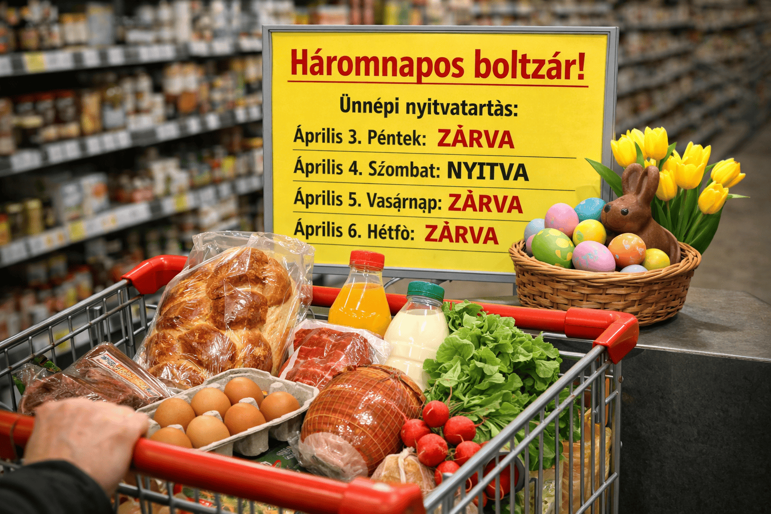 Áruházban elhelyezett figyelmeztető tábla a húsvéti hosszú hétvége miatt zárvatartásról.