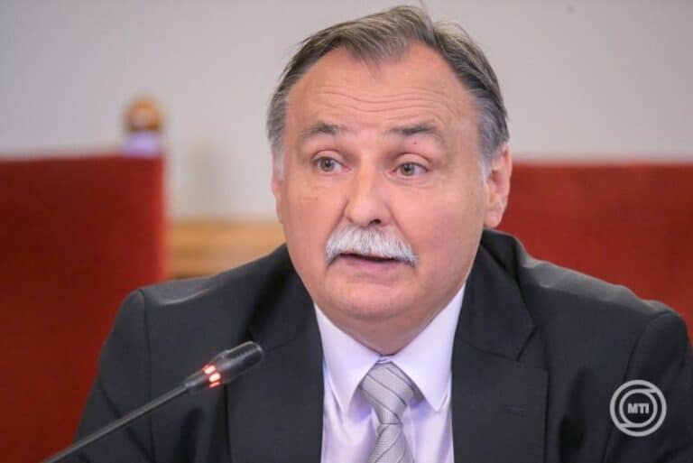 Magyar politikus beszél egy konferencián, mikrofon előtt.