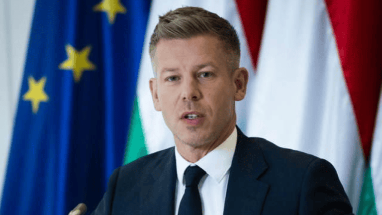 Magyar politikus beszédet mond európai uniós zászlók előtt.
