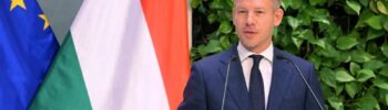 Magyar politikus beszédet mond egy sajtótájékoztatón, háttérben magyar és EU zászlók.