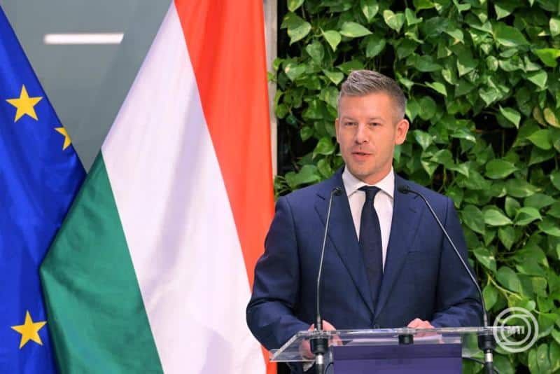 Magyar politikus beszédet mond egy sajtótájékoztatón, háttérben magyar és EU zászlók.