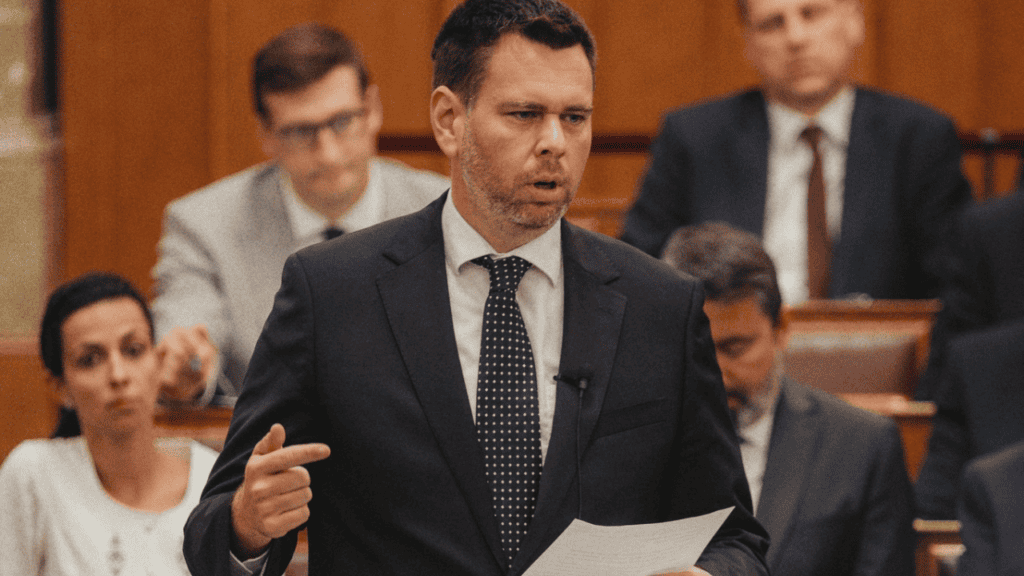 A férfi politikus beszédet mond a parlamentben.