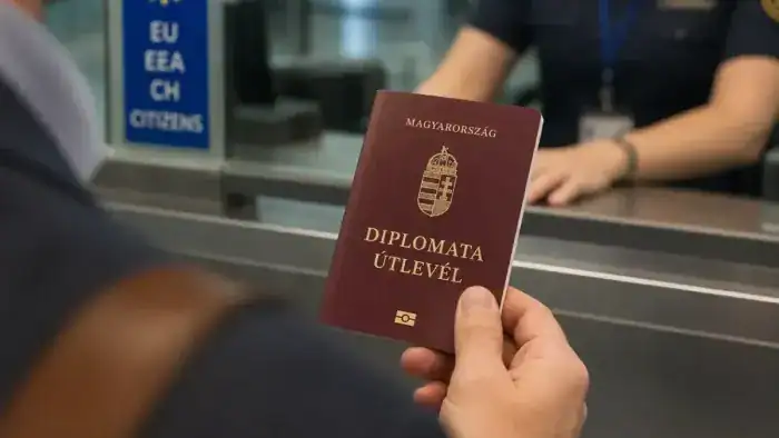 Útlevél és diplomáciai útlevél bemutatása egy ügyintézőnél.