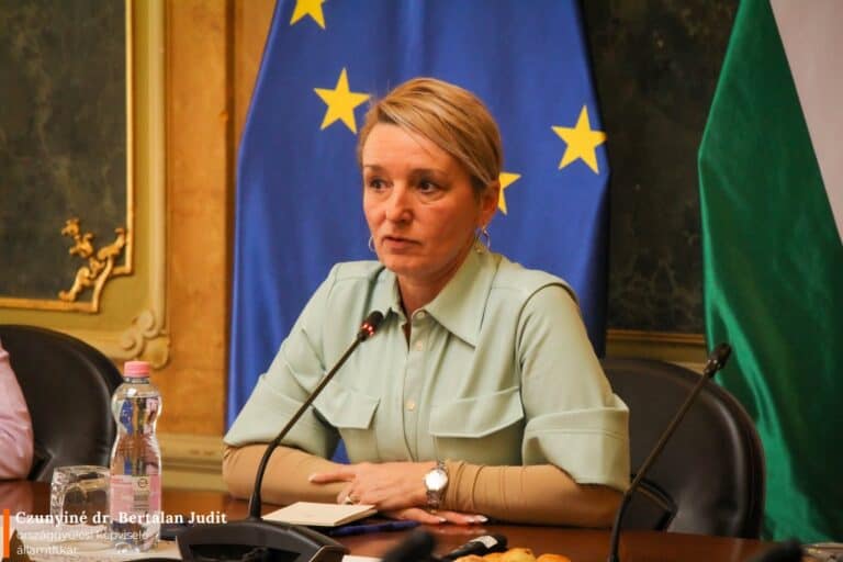 Czunyiné Bertalan Judit a magyar és az EU zászlók előtt.