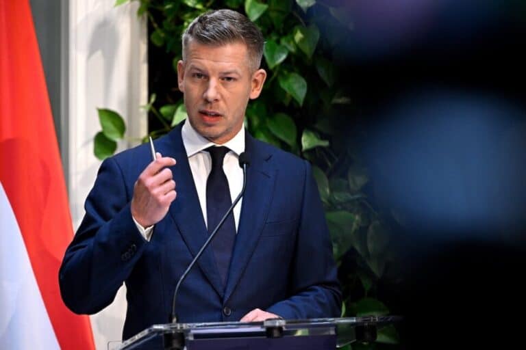 Magyar politikus beszél a mikrofon előtt, háttérben magyar zászló és zöld növények.