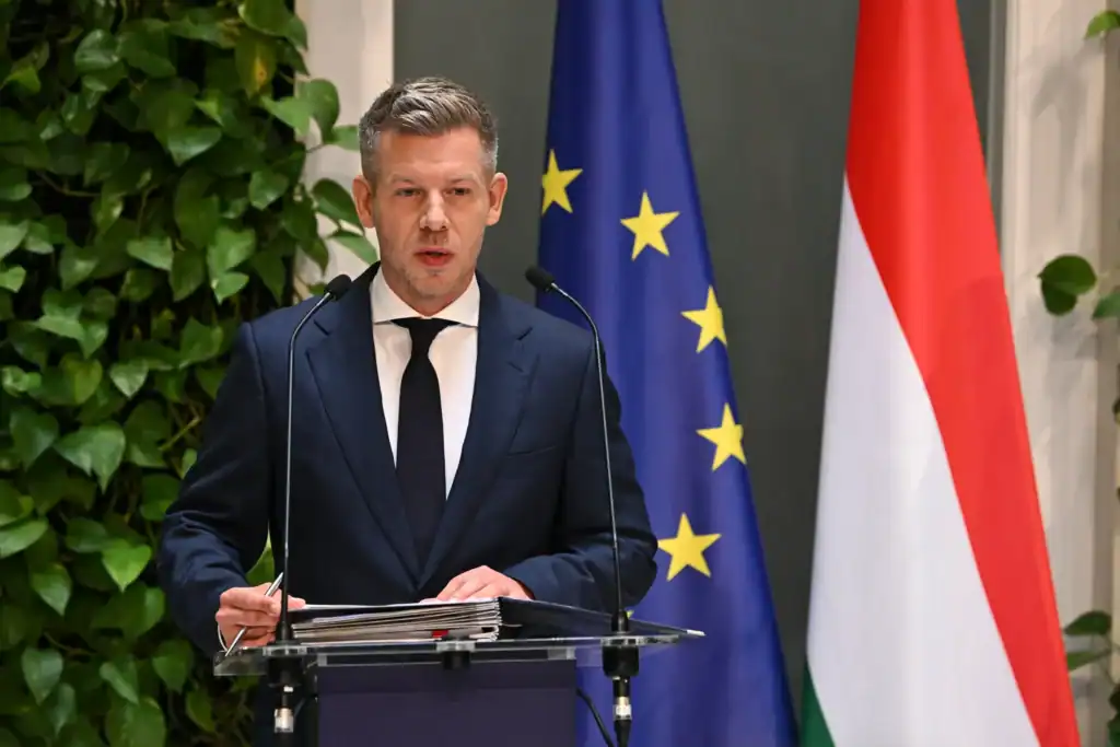 EU zászló és magyar zászló a háttérben, férfi beszédet mond egy konferencián.